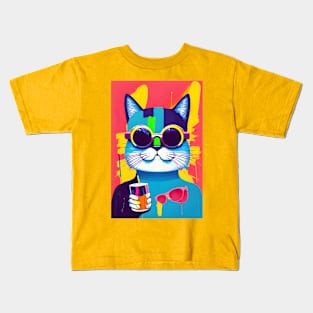 Funny Cat with Goggles and Soft Drink Kids T-Shirt